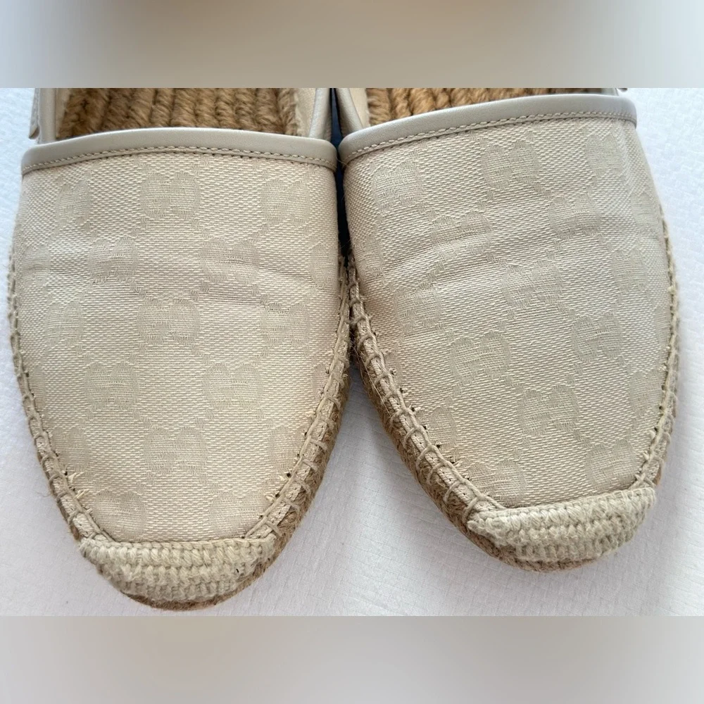 Gucci GG Canvas Leather Trim Embellishment Espadrilles